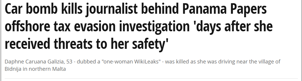 A screenshot of a news headline in bold black text on a white background reads: 'Car bomb kills journalist behind Panama…