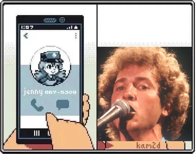 A split-screen image shows a pixelated phone displaying a contact named 'jenny 867-5309' with a cartoon police officer…