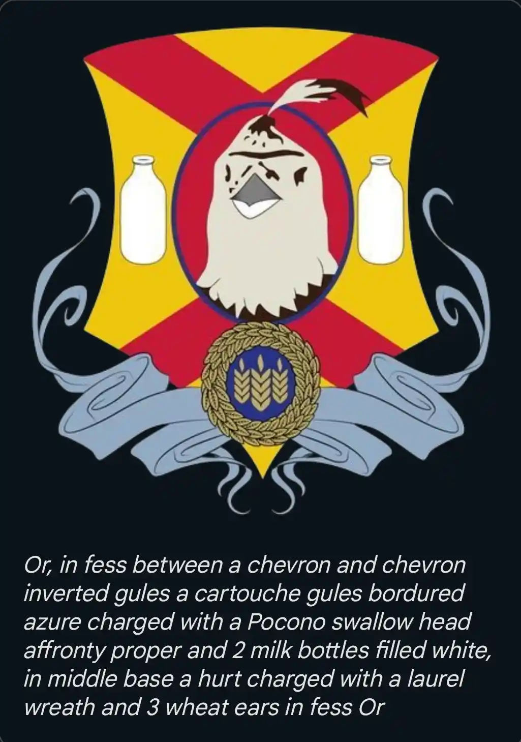 The image displays a heraldic crest featuring a stylized bird head with a feather, flanked by two white milk bottles, set…