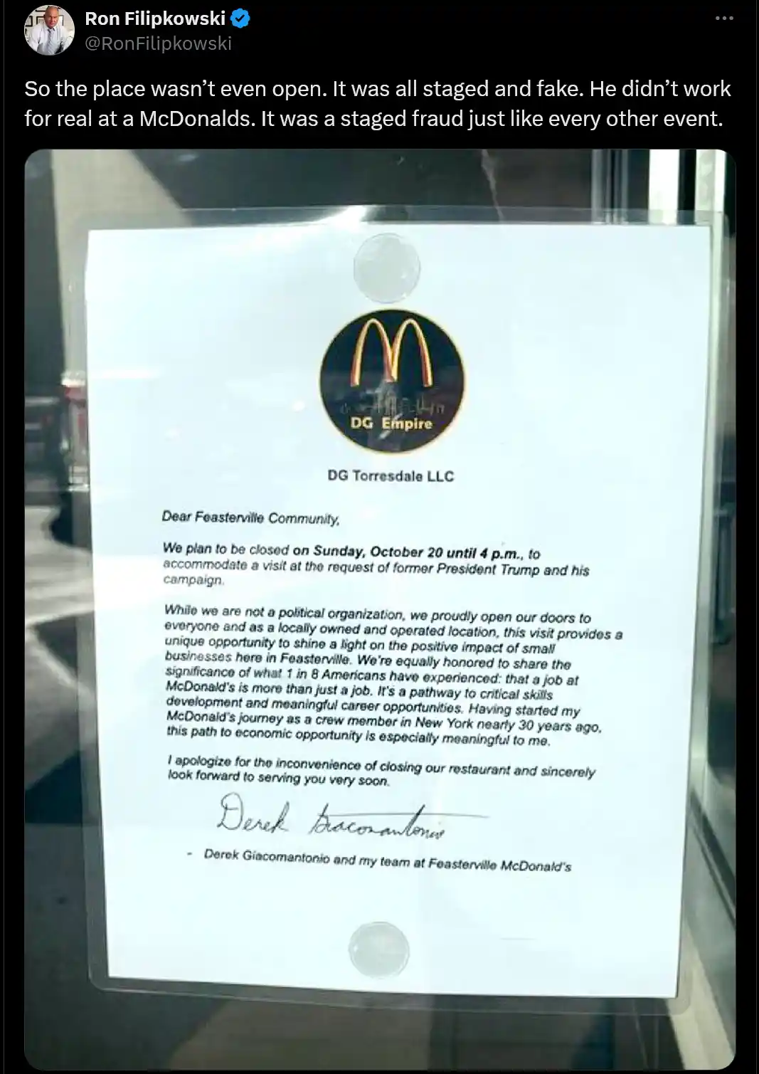 A photo shows a McDonald's closure notice posted on a glass door, signed by Derek Giacomantonio. The notice claims the…