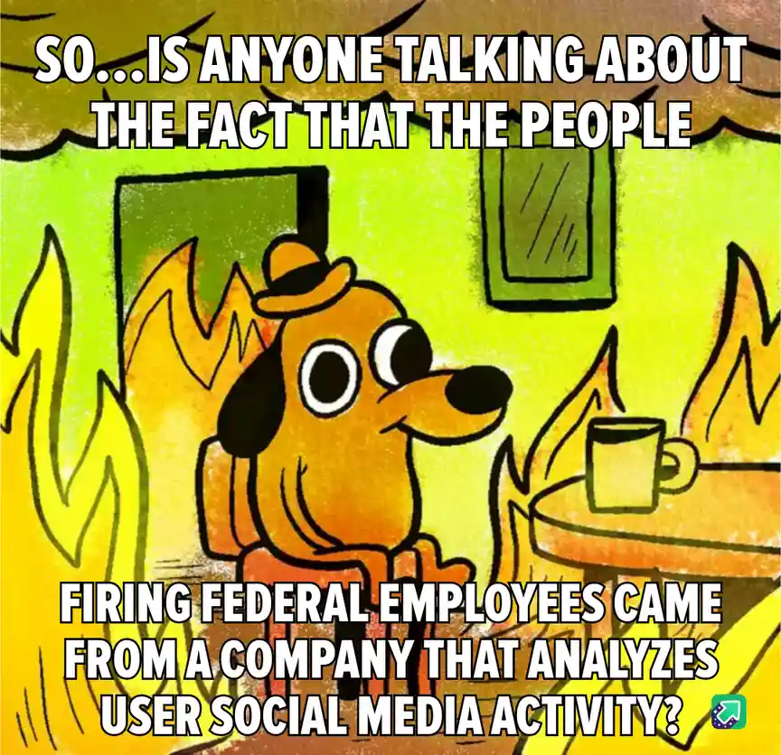 A cartoon dog wearing a hat sits calmly in a room engulfed in flames, with a mug on a table beside it. The overlaid text…