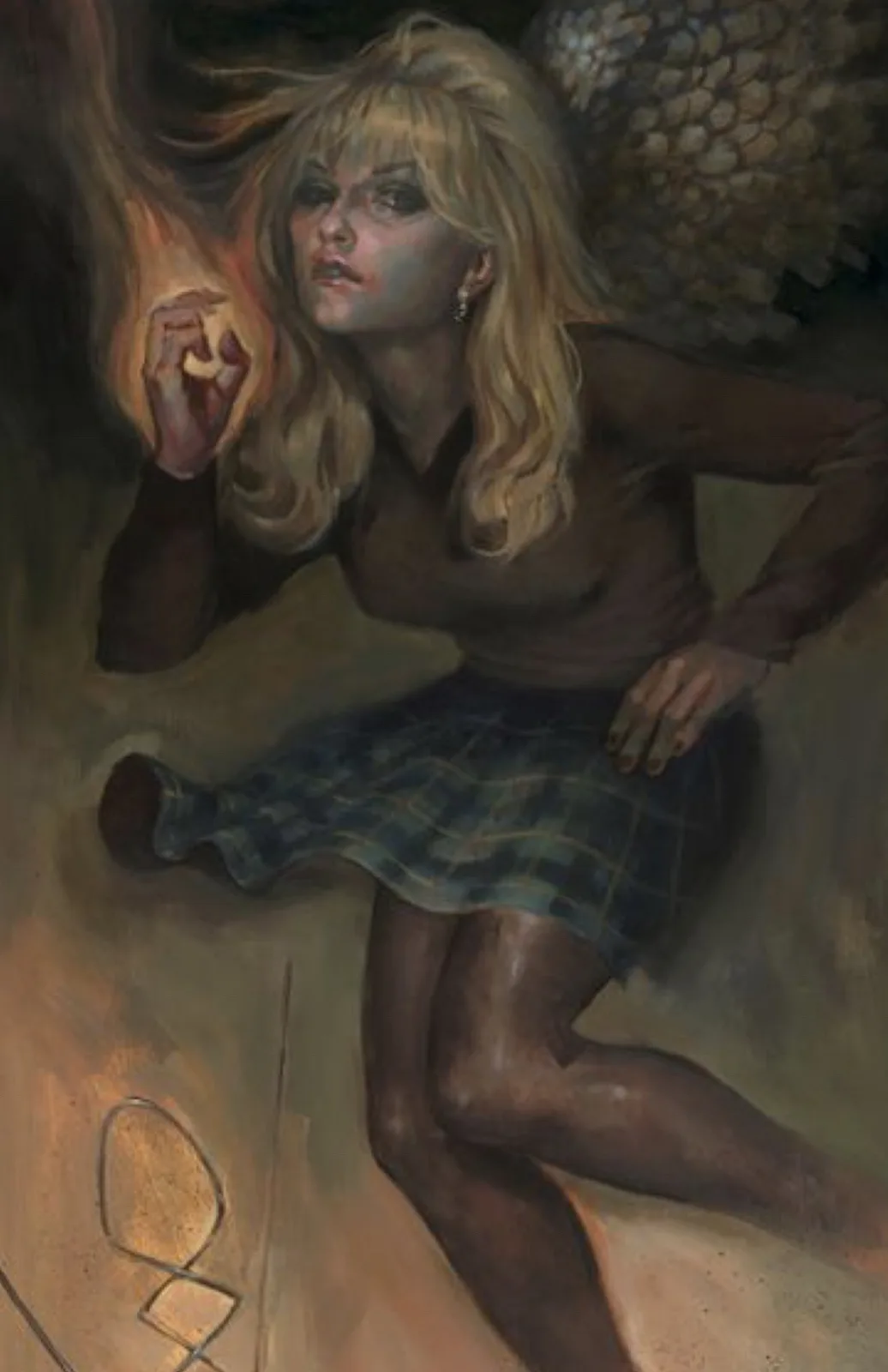 A painting depicts a blonde woman with large, textured wings, wearing a plaid skirt and dark top, crouching in a dimly lit…