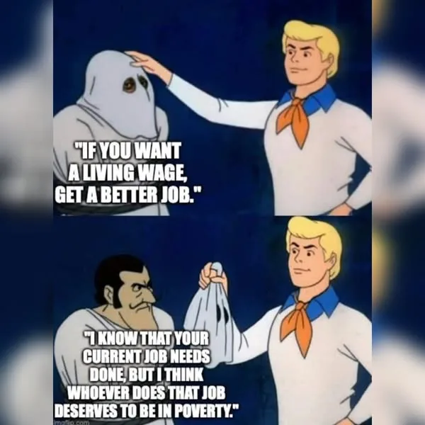 Two-panel cartoon meme featuring a blonde man in a white shirt and orange neckerchief. In the top panel, he pats the head of…