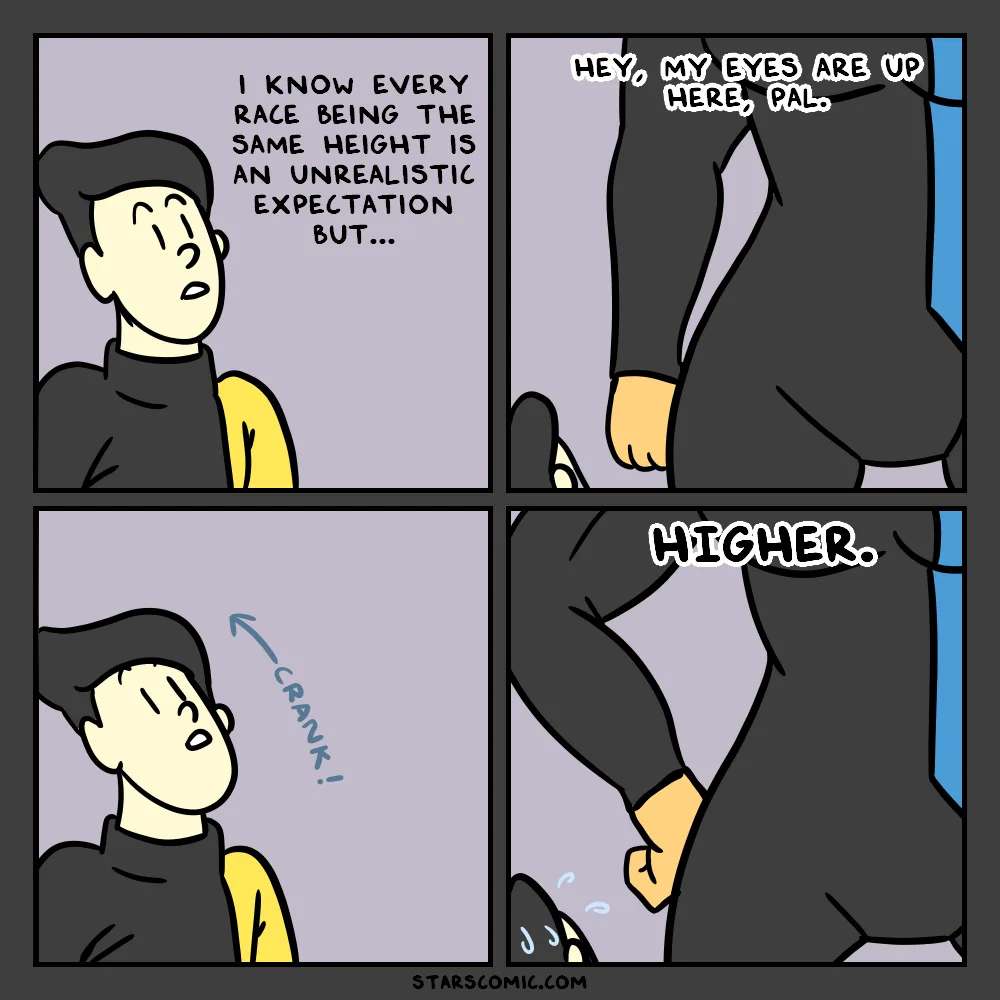 A four-panel comic shows a person apologizing for expecting everyone to be the same height, then being told by a taller…
