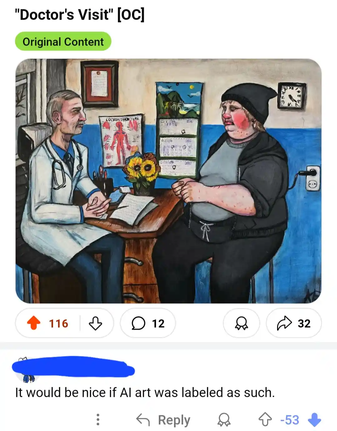 A painting depicts a doctor in a white coat sitting at a desk with a patient who has visible red spots on their face and…