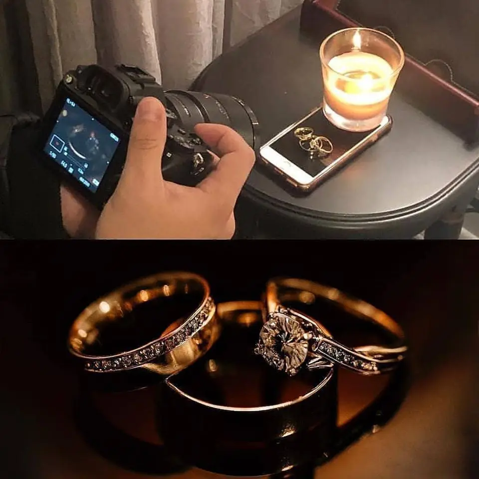 The top panel shows a hand holding a DSLR camera, aiming at a smartphone resting on a table next to a lit candle; two gold…