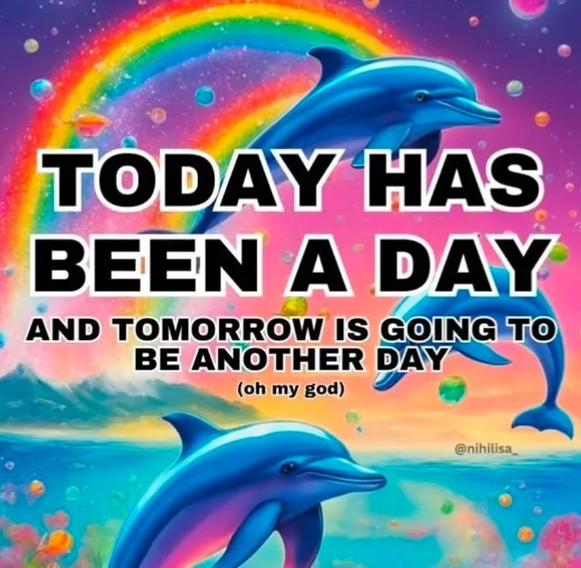 A vibrant, surreal image features three blue dolphins swimming in colorful, glowing water under a large rainbow arching…