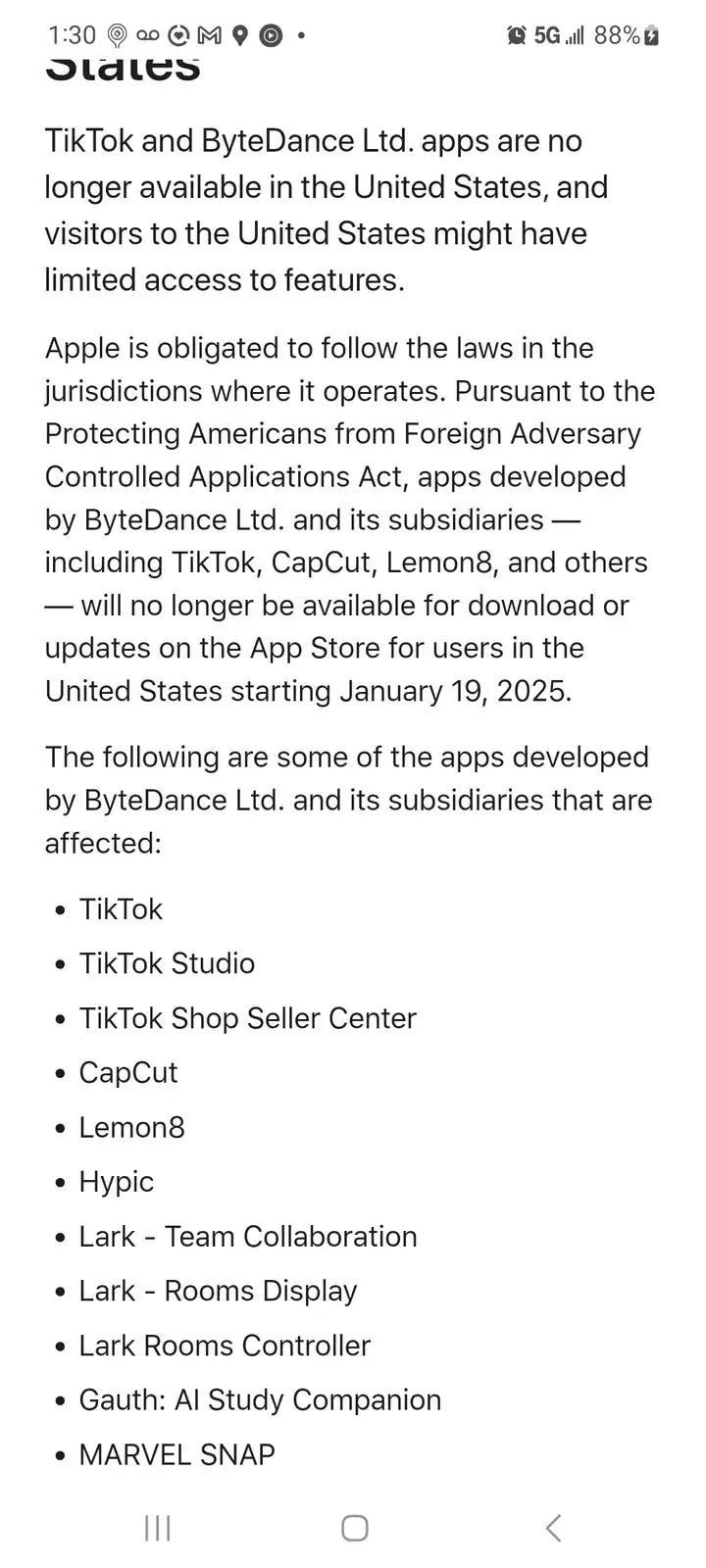 A screenshot of a government notice from the U.S. states department detailing the removal of ByteDance apps like TikTok…