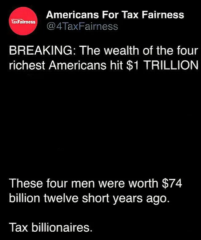 A screenshot of a tweet from 'Americans For Tax Fairness' with a black background and white text. The tweet claims…