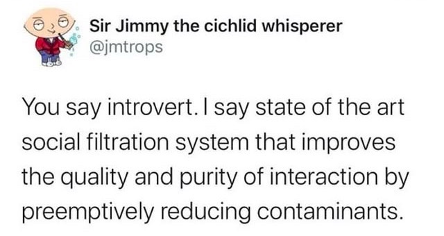 A screenshot of a tweet from 'Sir Jimmy the cichlid whisperer' (@jmtrops) featuring a cartoon avatar of a bald man with…