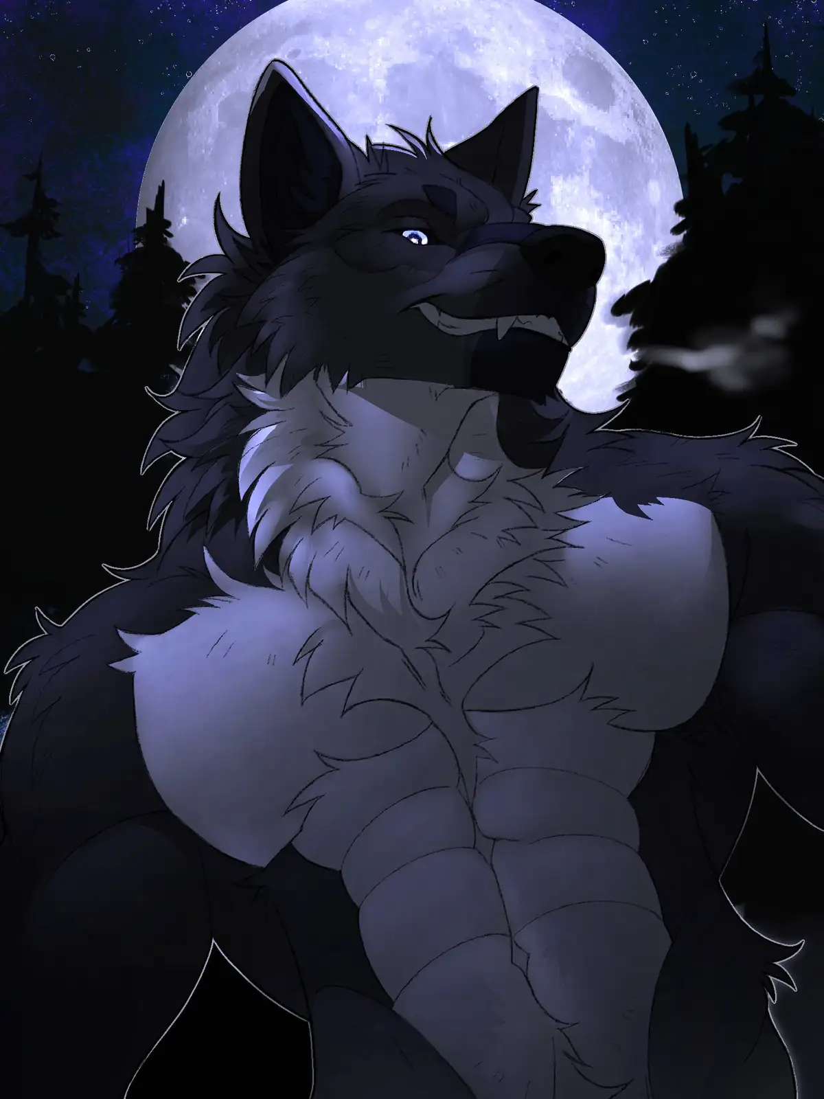 A muscular, anthropomorphic wolf with dark fur and glowing blue eyes stands against a backdrop of a large, bright full moon…