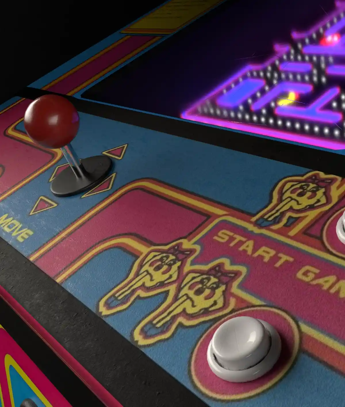 A close-up of a vintage arcade game's control panel featuring a red joystick, a white button, and colorful retro graphics…