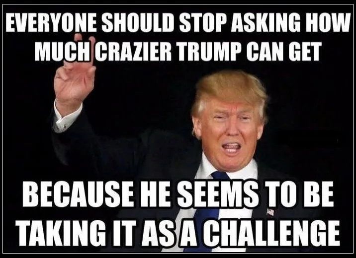 A photo of Donald Trump with his right hand raised, wearing a dark suit and tie, against a black background. White bold text…