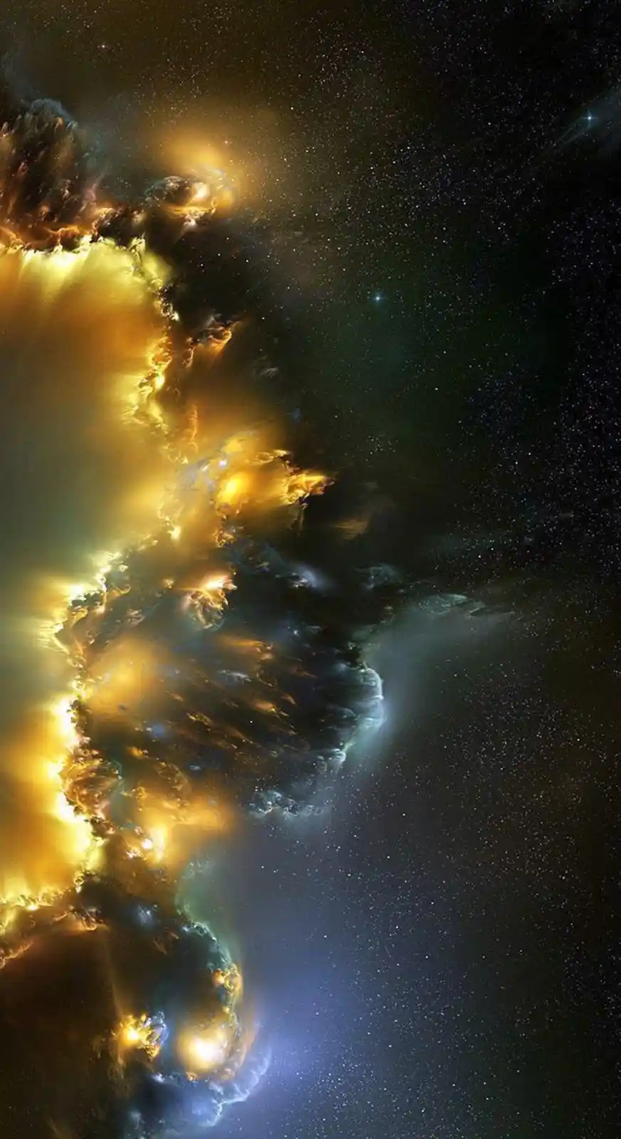 A cosmic nebula with glowing golden and blue clouds against a starry black background, overlaid with the text 'i'm not…
