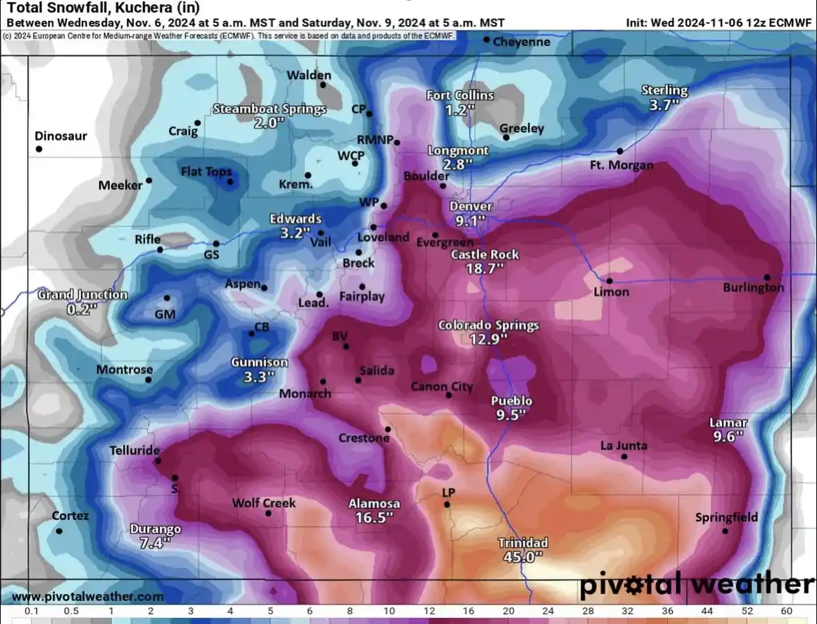 A weather map showing projected snowfall amounts across Colorado from November 6-9, 2024, with color-coded regions and…