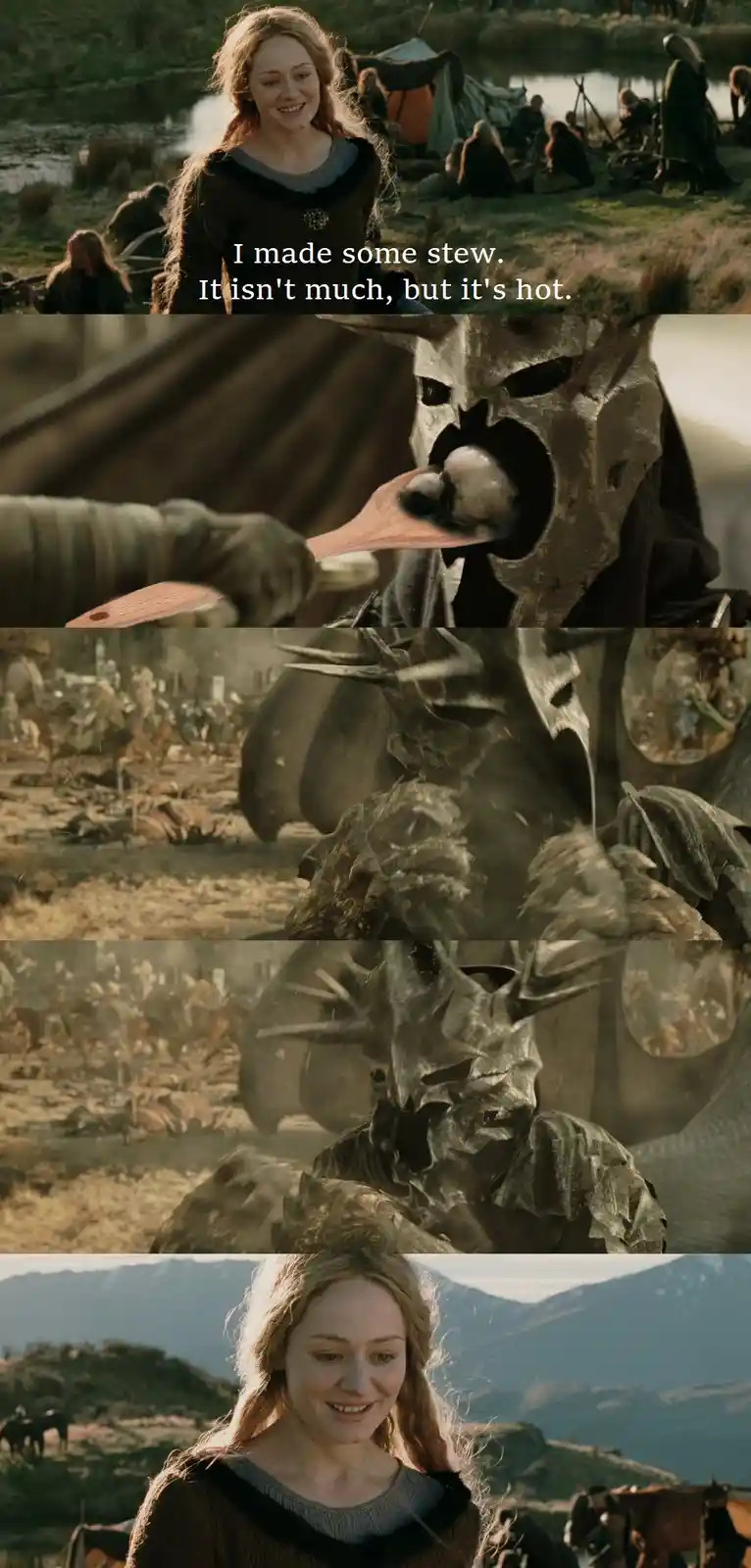 A five-panel meme from 'The Lord of the Rings' showing Arwen offering stew to a grim, helmeted orc. The orc eagerly eats the…