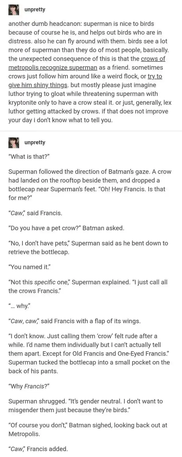 The image displays a text-based meme from a Reddit post by user 'unpretty'. The post describes a fictional headcanon where…