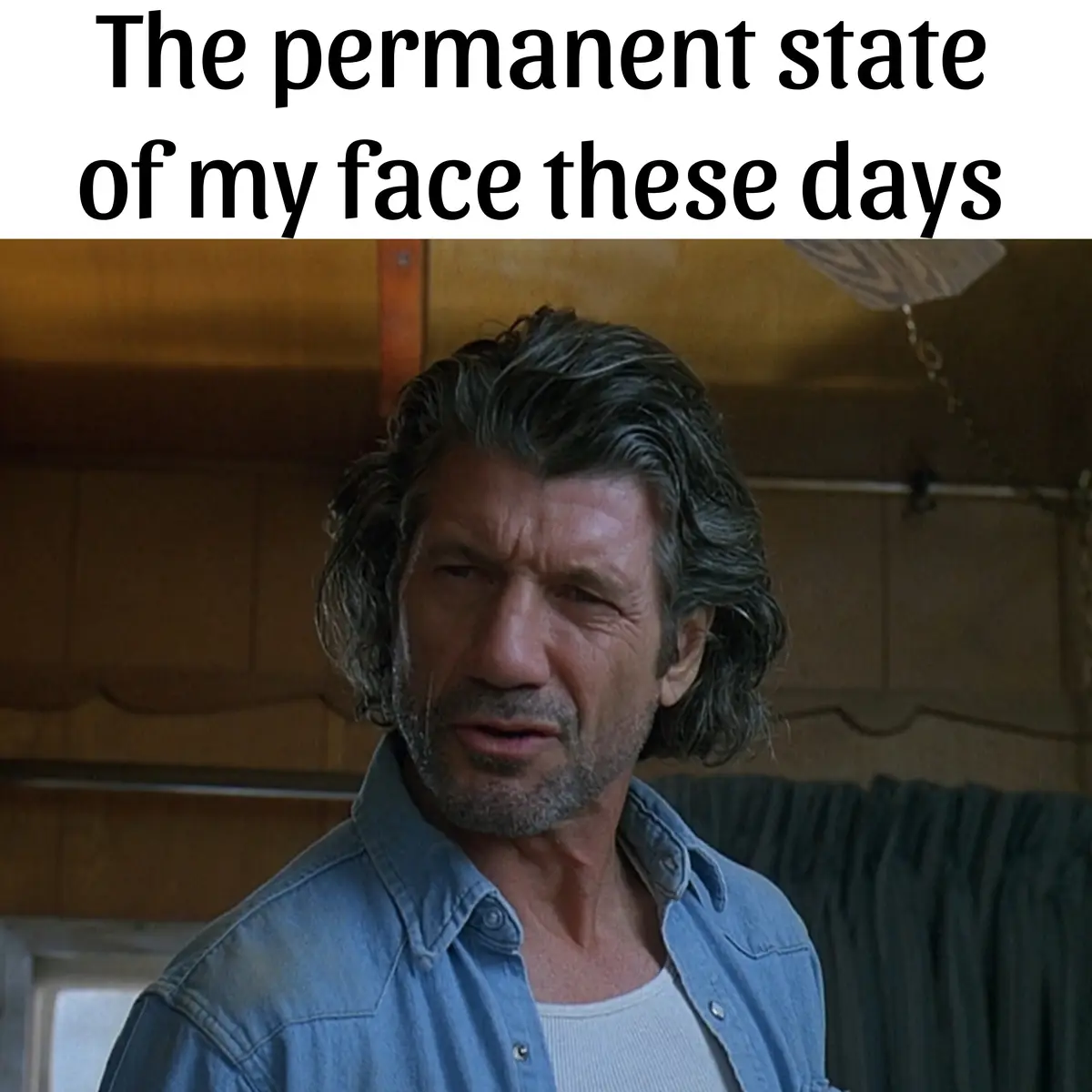 A man with graying hair and a beard, wearing a denim shirt over a white undershirt, looks weary and resigned. The text…