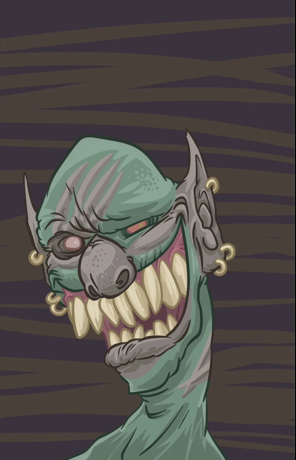 A cartoonish green-skinned monster with pointed ears, gold hoop earrings, and a wide, toothy grin is shown against a dark…