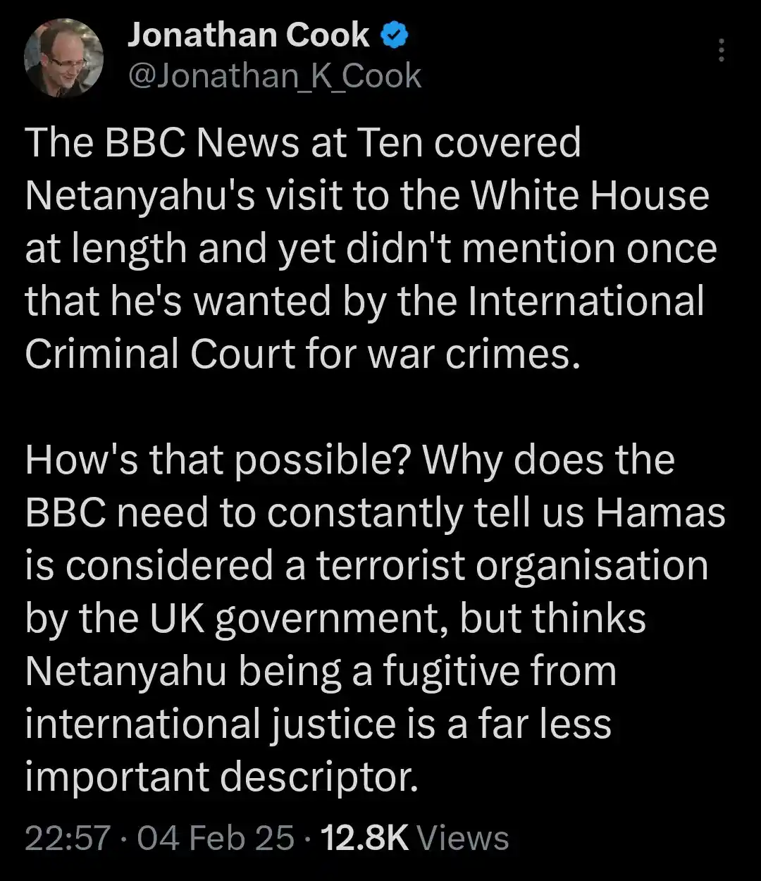 A screenshot of a tweet by Jonathan Cook (@Jonathan_K_Cook) criticizing the BBC for not mentioning that Israeli Prime…