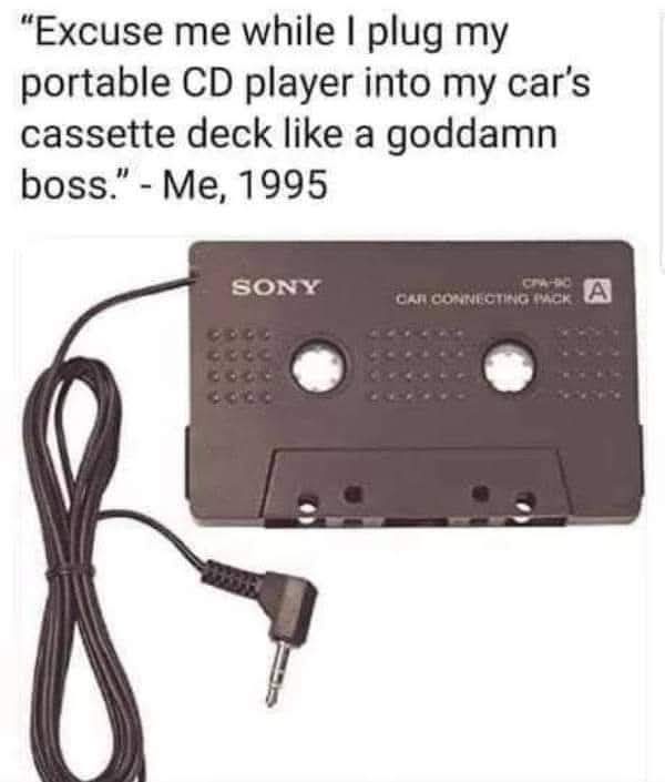 A black Sony cassette adapter labeled 'CAR CONNECTING PACK' with a coiled cable and 3.5mm plug, overlaid with text quoting a…