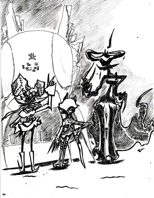 A black-and-white sketch depicts three stylized, monstrous cartoon characters standing in a desolate, rocky landscape. The…