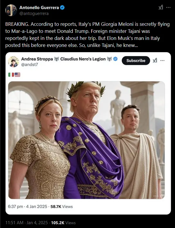 An image shows Donald Trump, Giorgia Meloni, and Elon Musk dressed in Roman imperial attire, standing together in a…