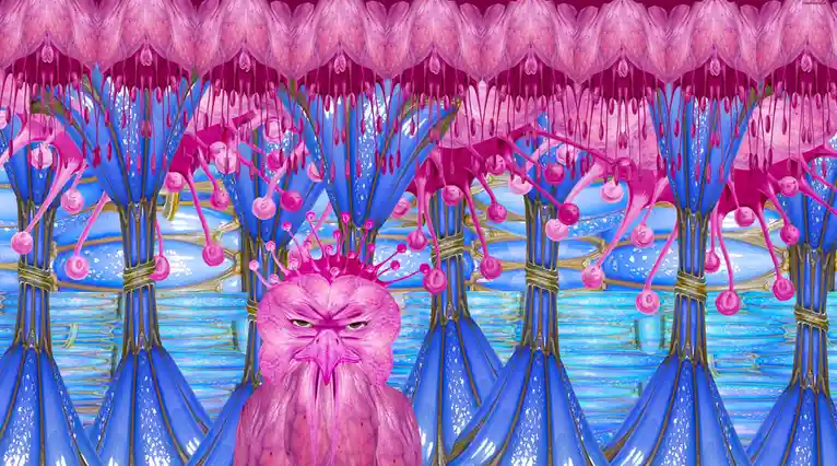 A surreal, digitally rendered image features a pink, bird-like creature with an angry expression and a crown, standing…