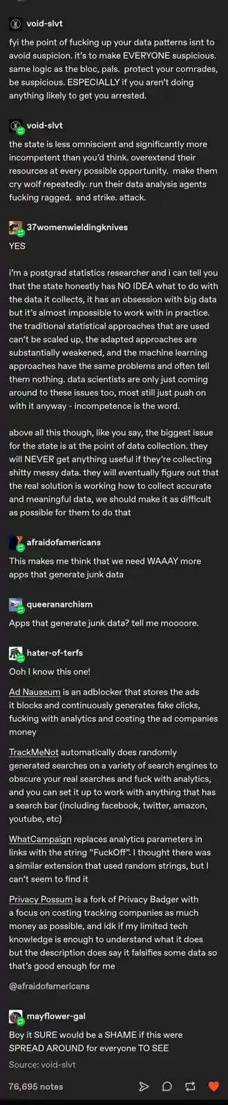 A screenshot of a Tumblr thread where a user named 'void-slvt' posts a message about intentionally corrupting data to make…