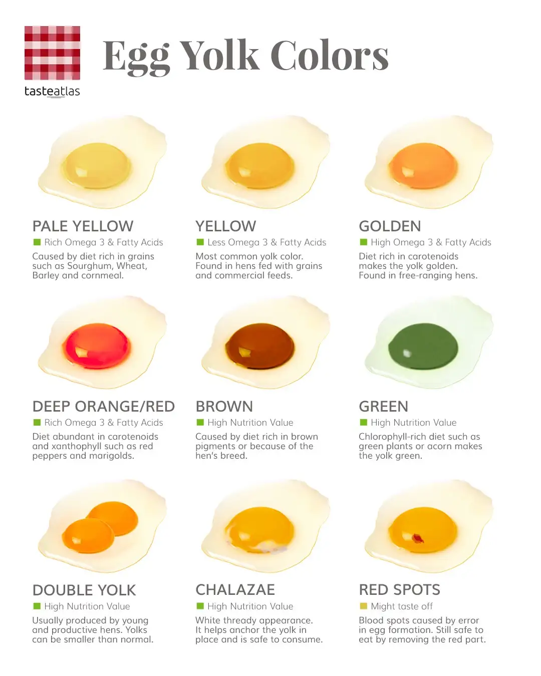 An infographic from tasteatlas titled 'Egg Yolk Colors' displays nine fried eggs with varying yolk hues, each labeled with…