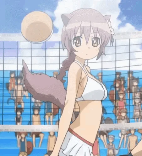 A six-panel anime meme showing a girl with cat ears and a tail in a white bikini playing volleyball. In each panel, she…