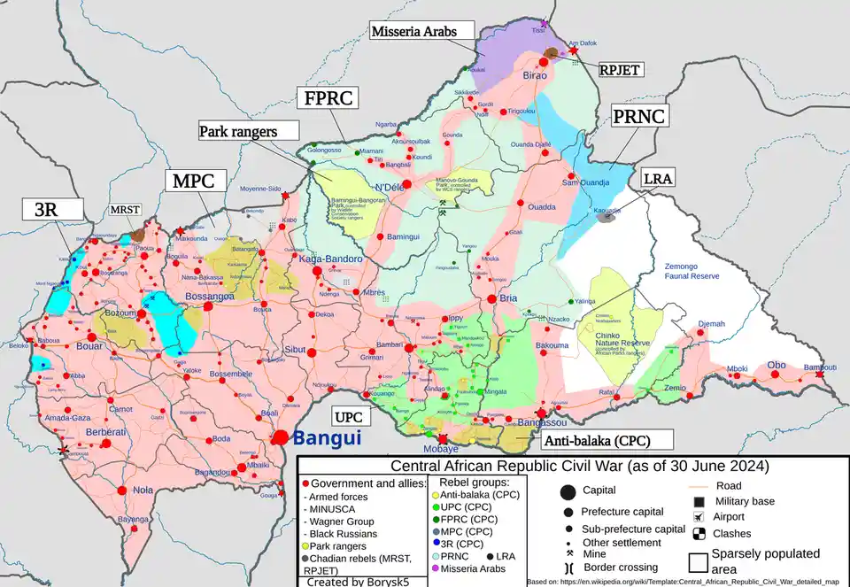 A detailed map of the Central African Republic Civil War as of June 30, 2024, showing territorial control by various…