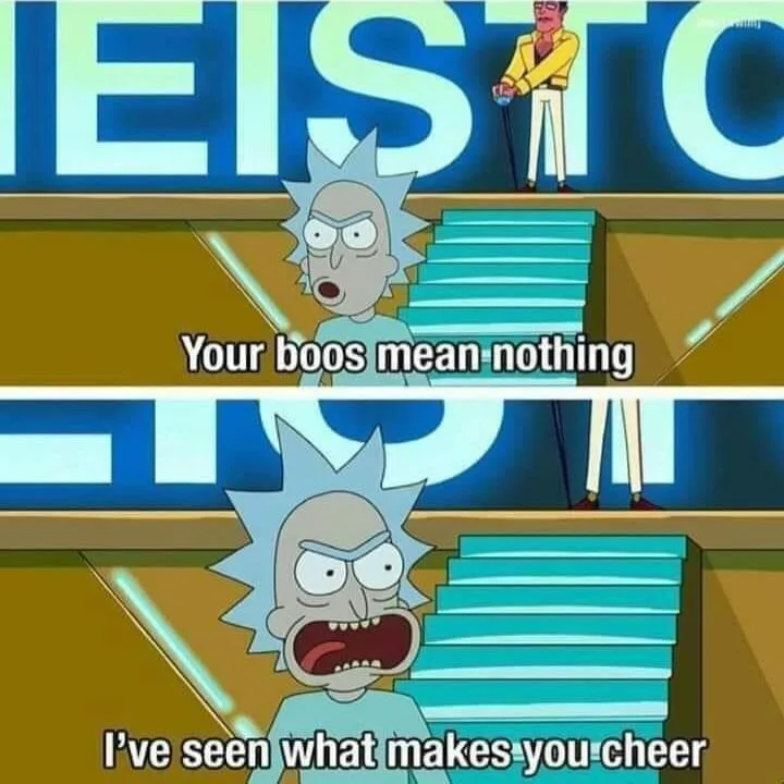 Two-panel meme featuring Rick from Rick and Morty. In the top panel, Rick looks annoyed while standing on a stage with a man…