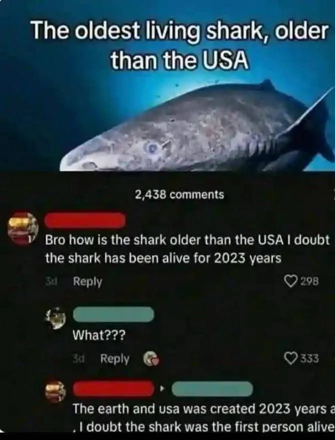 An image of a large shark underwater with the text 'The oldest living shark, older than the USA' overlaid. Below is a…