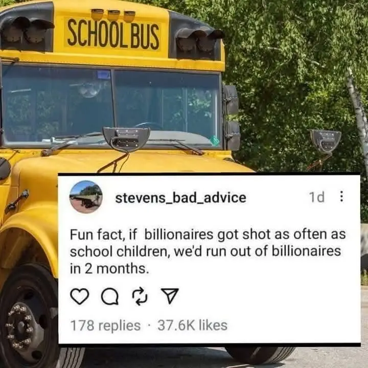 A yellow school bus is pictured with a social media post overlay. The post, from user 'stevens_bad_advice', reads: 'Fun…