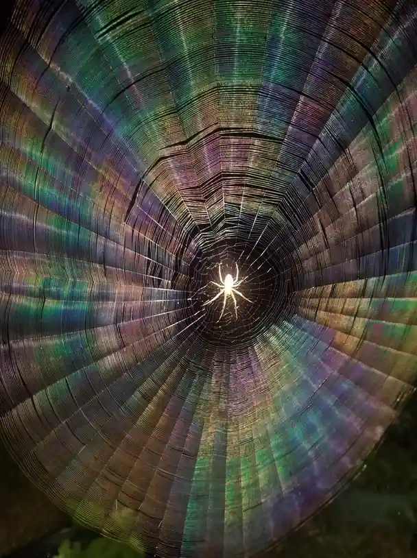 A close-up photo shows a spider sitting at the center of a large, intricate web. The web's radial and spiral threads catch…