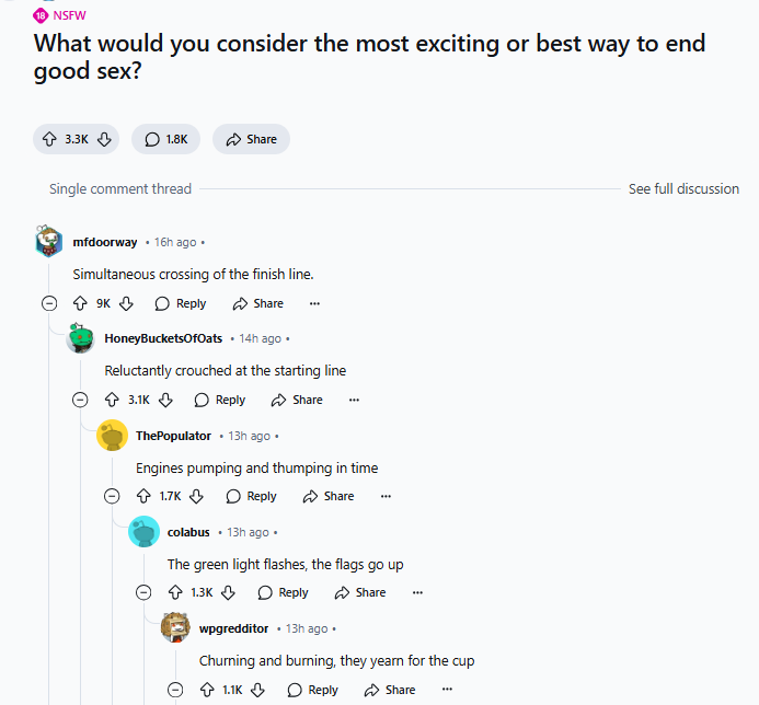 A Reddit comment thread under an NSFW post asking 'What would you consider the most exciting or best way to end good sex?'…