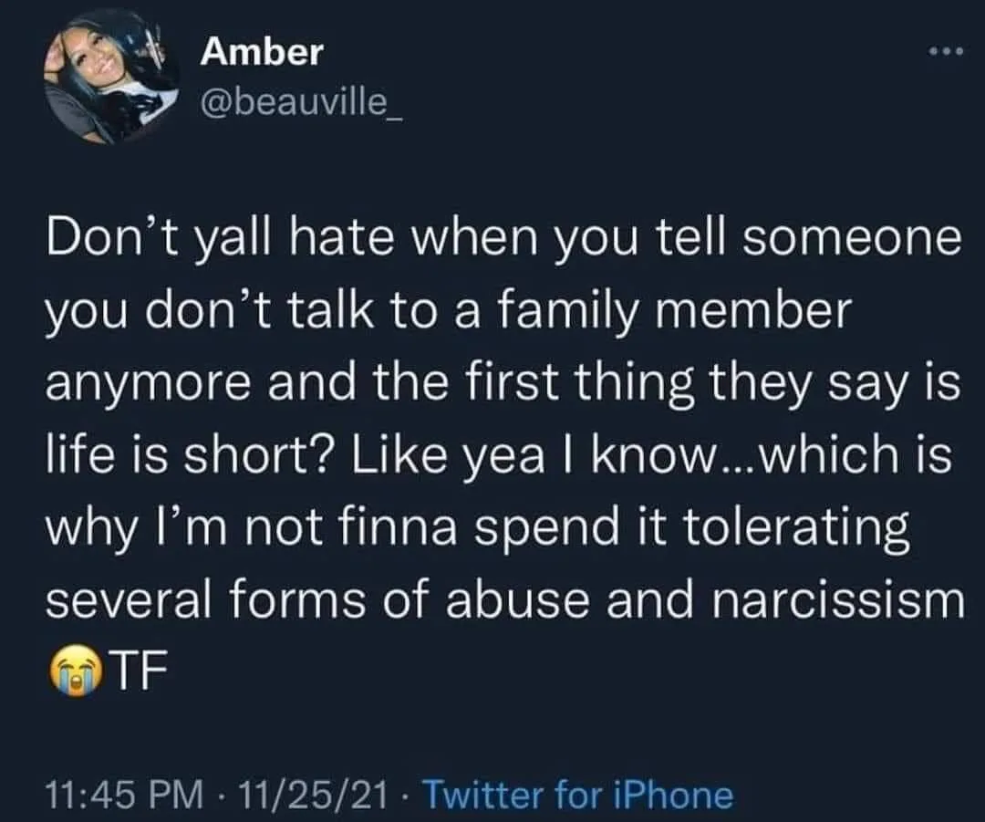 A screenshot of a Twitter post by user Amber (@beauville_) from November 25, 2021, expressing frustration about family…