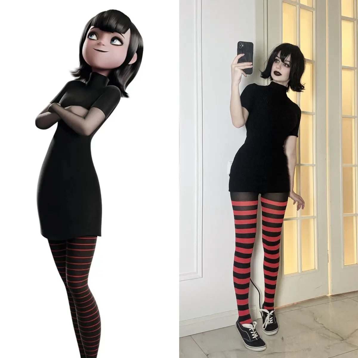 The image displays a side-by-side comparison: on the left, the animated character Mavis from 'Hotel Transylvania' in her…