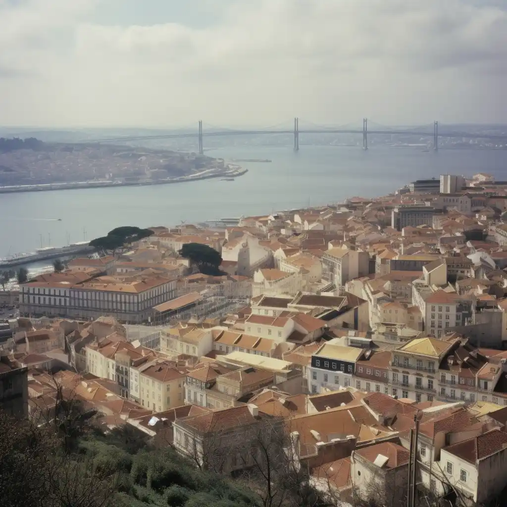 A scenic photo of Lisbon, Portugal, showing a dense urban landscape with terracotta-roofed buildings, the Tagus River, and…