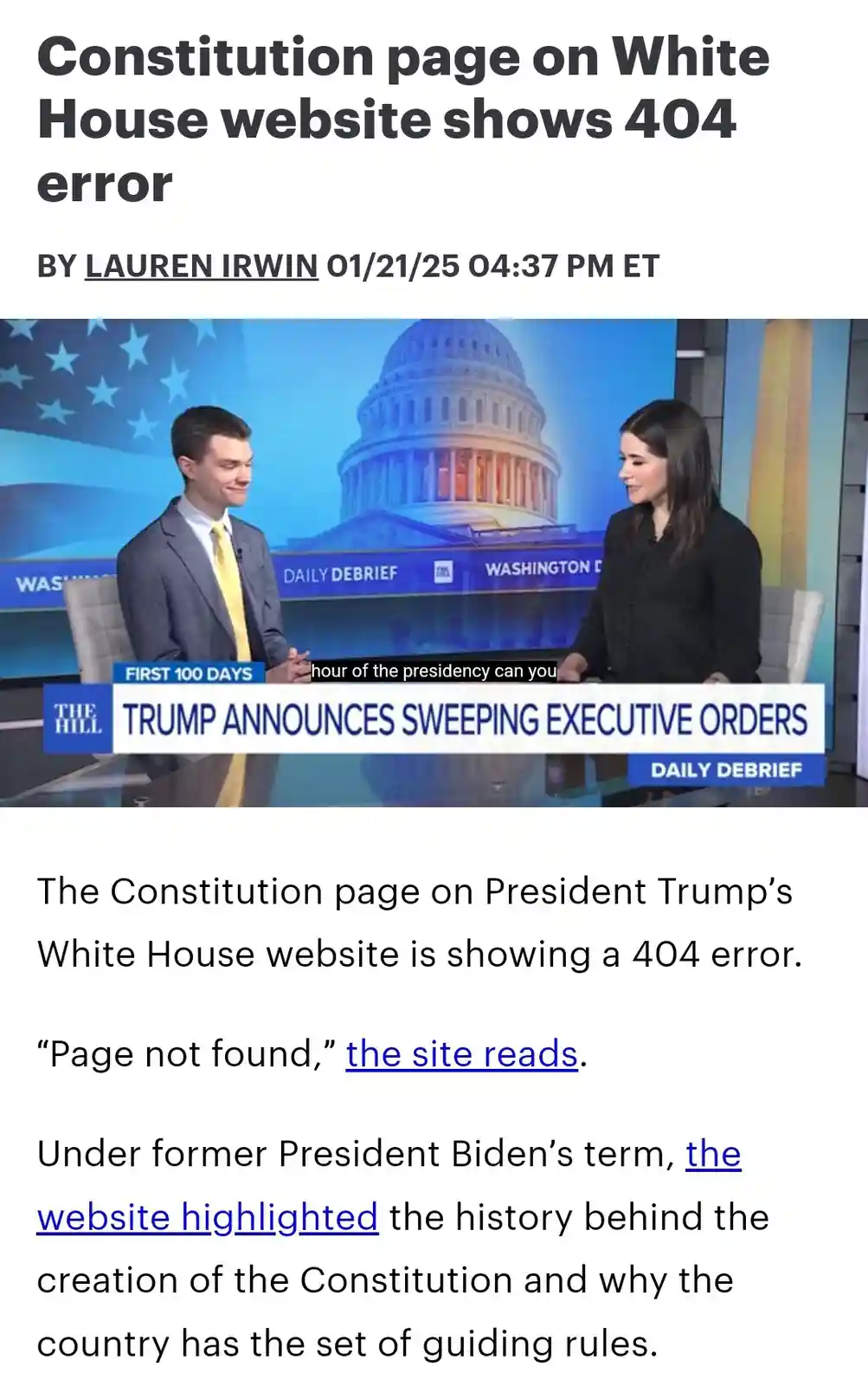 A screenshot of a news article from The Hill about a 404 error on the White House website's Constitution page, overlaid with…