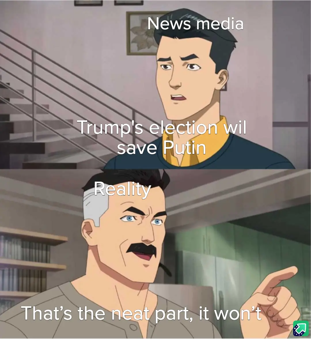The meme features two panels from an animated show. The top panel shows a man labeled 'News media' with the text 'Trump's…