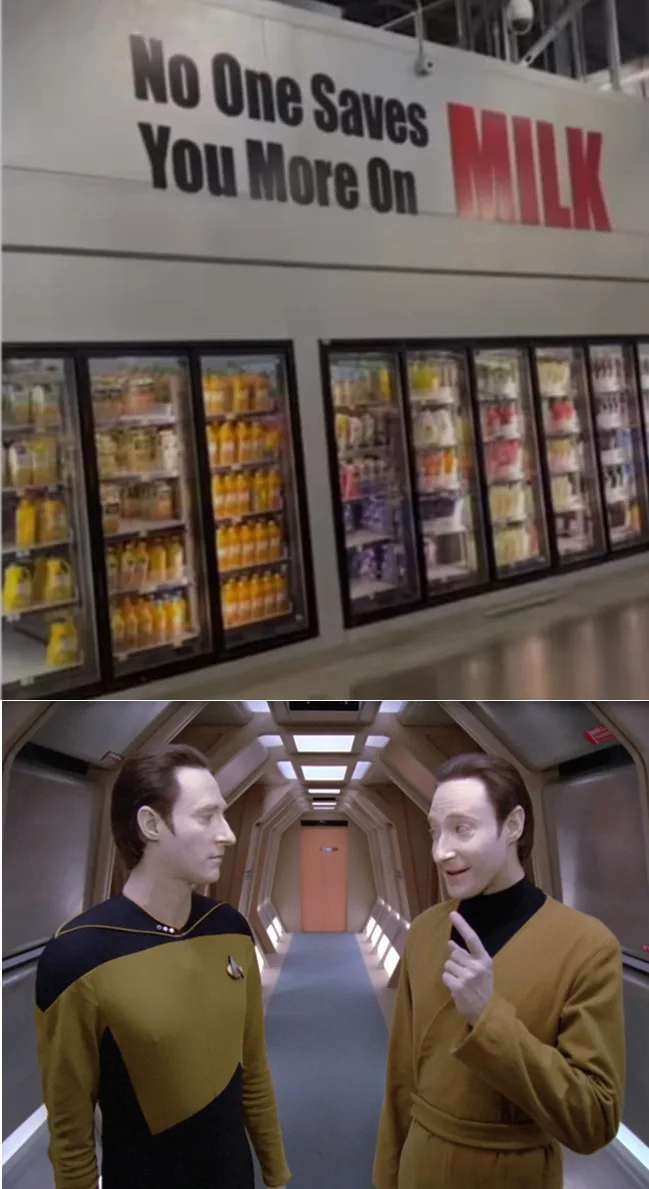 The top panel shows a store freezer aisle with a sign reading 'No One Saves You More On MILK' above it, with refrigerators…