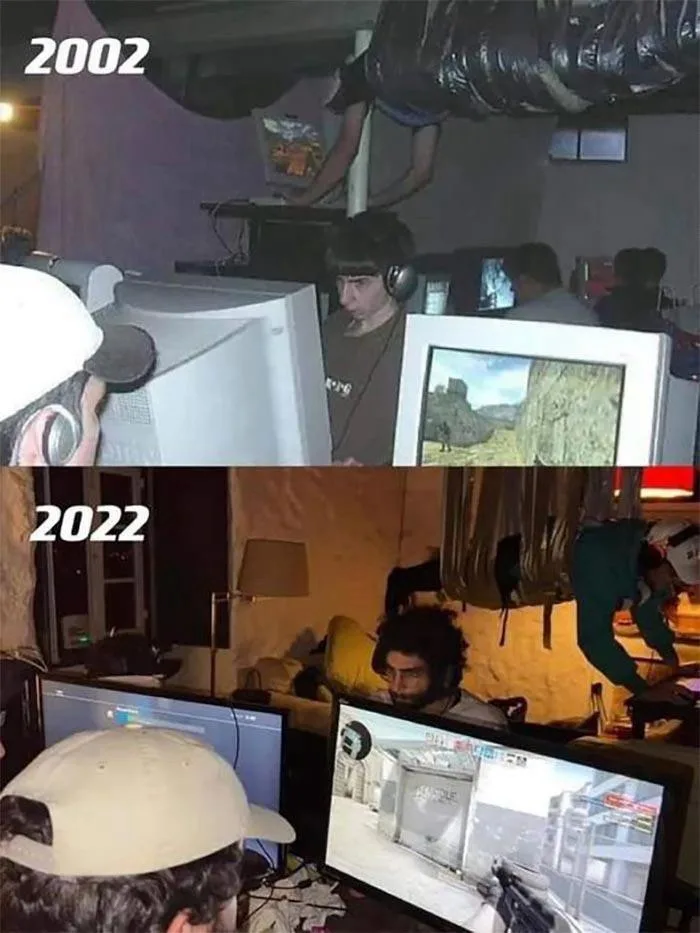 The image is split into two panels labeled '2002' and '2022', showing people playing video games. In 2002, a young man with…