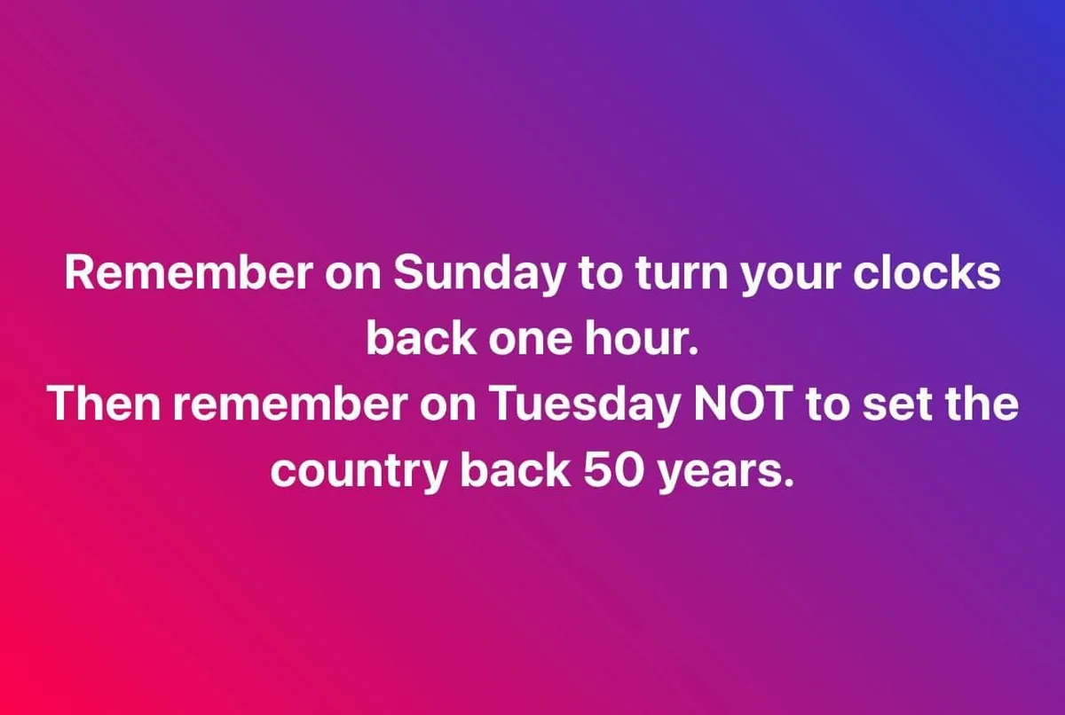 A gradient background of pink to purple with white text that reads: 'Remember on Sunday to turn your clocks back one hour…