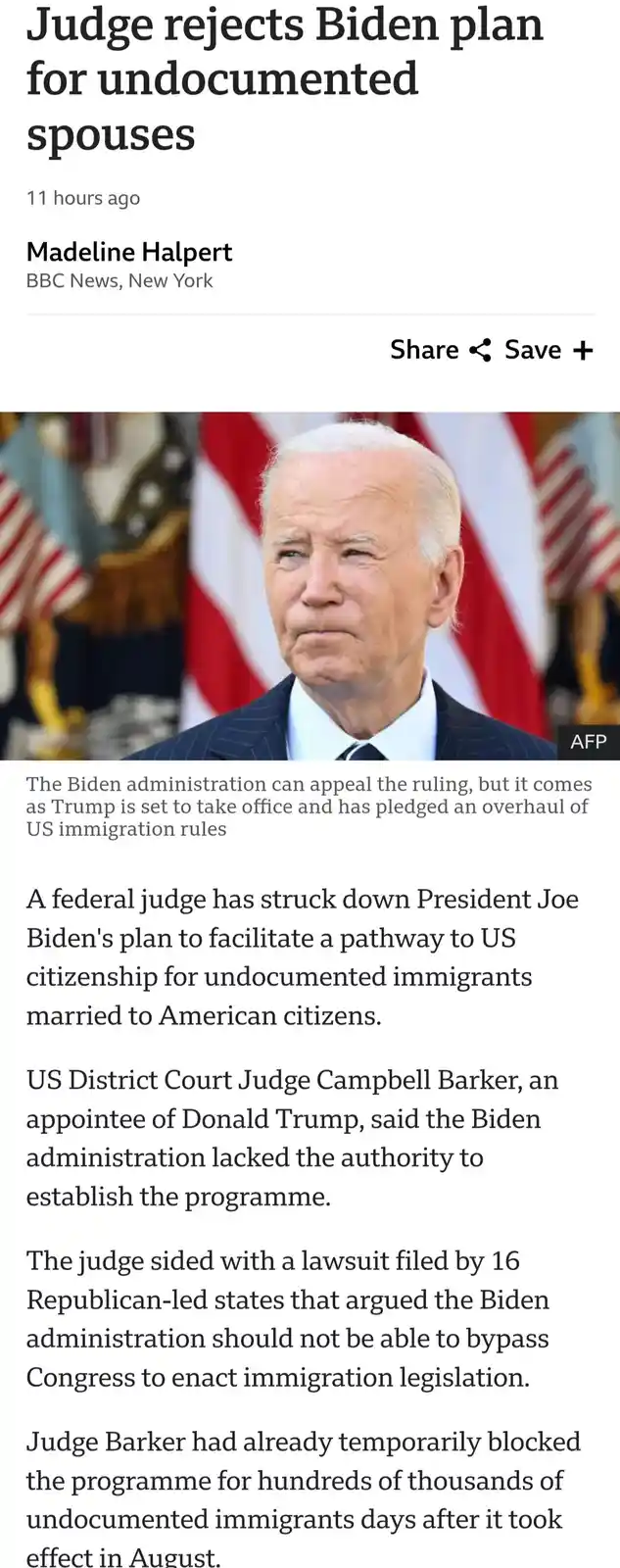 A screenshot of a BBC News article shows a photo of President Joe Biden looking concerned, with the headline 'Judge rejects…