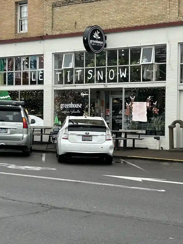 A storefront for 'greenhouse coffee + plants' has the words 'LET IT SNOW' spelled out in white letters across its upper…