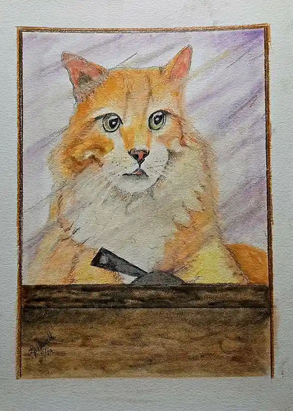 A colored pencil drawing of an orange and white cat with green eyes, looking directly forward, sitting behind a wooden…