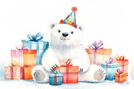 A white polar bear wearing a colorful party hat sits surrounded by numerous brightly wrapped gift boxes in various colors…