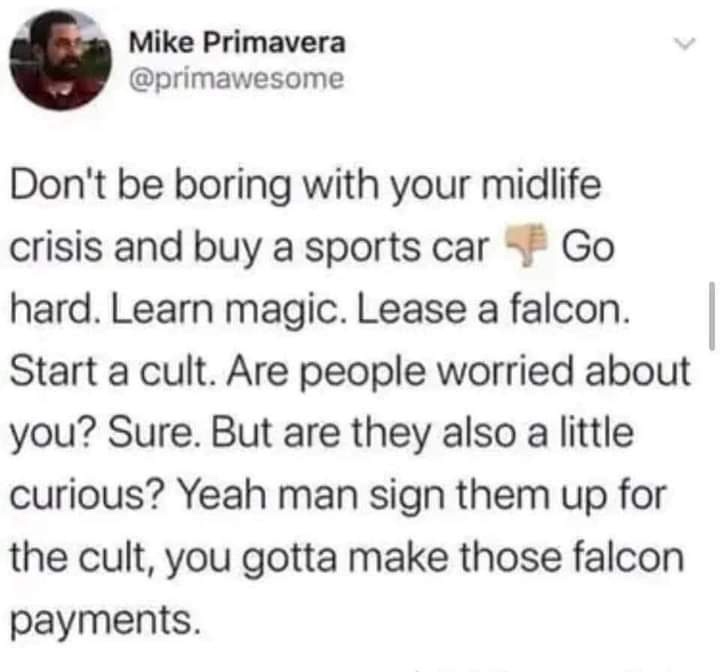 A screenshot of a tweet by Mike Primavera (@primawesome) with a block of text that humorously advises people going through a…